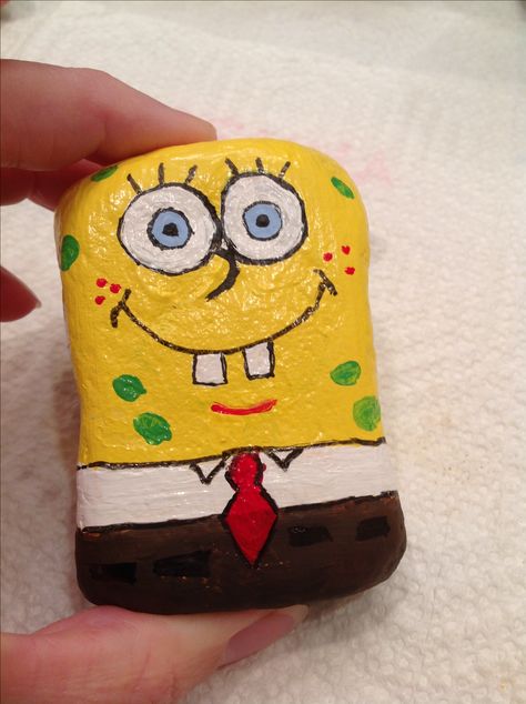 Spongebob painted rock by MLM Spong Bob Painting, Rock Painting Ideas Spongebob, Spongebob Painting Tutorial, Spongebob Rock Painting, Rock Painting Sponge Bob, Spung Bob Paintings, Summer Rocks, Sponge Bob, Painted Rock