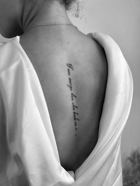 Phrase Spine Tattoo, Script Bible Verse Tattoo, Tattoo Female Back, Spine Tattoo Bible Verse, Spine Tattoo Sayings For Women, Bible Quote Spine Tattoos For Women, Bible Verse Spine Tattoos For Women, Faith Spine Tattoos For Women, Spine Tattoos For Women Scripts