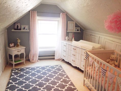 Cape cod pink and grey Baby girl nursery. Dormer Nursery, Attic Room Nursery, Cape Cod Nursery Room, Nursery Attic, Attic Nursery Sloped Ceiling, Cape Cod Nursery, Attic Nursery, Nursery Remodel, Cape Cod Bedroom