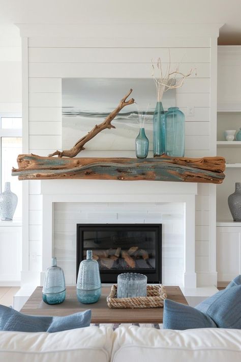 Fireplace Coastal Decor, Coastal Home Fireplace, California Coastal Fireplace, Fireplace Artwork Ideas, Blue And White Fireplace, Beach House Fireplace Ideas, Beachy Fireplace, Lakehouse Fireplace, Coastal Mantle