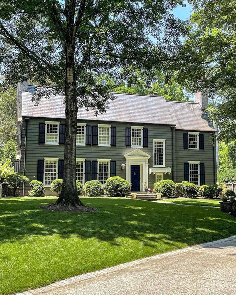 1980s Colonial House Remodel, American Suburban House Exterior, Updated Colonial Exterior With Columns, Blue Colonial House Exterior, Updated Colonial Exterior, New England Colonial House Exterior, New England Colonial House, Modern Colonial Exterior, Traditional Home Exterior