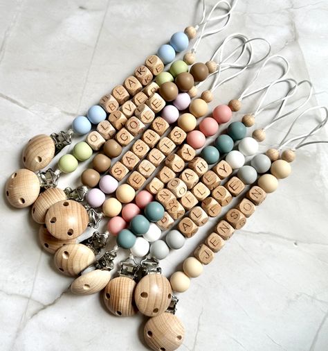 Personalised Dummy Clip baby boy baby girl pacifier clip newborn gift Dummy Chain, Soother Holder, Neutral Boho, Dummy Clips, Wooden Letter, Pacifier Clip, Wooden Letters, Baby Boutique, Silicone Beads