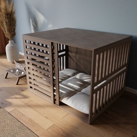 Dog Nightstand Bed, Modern Indoor Dog House, Dog Spaces In House Bedrooms, Pet Room Aesthetic, Understairs Dog Area, Small Dog House Indoor, Dog Setup In Bedroom, Aesthetic Dog Crate, Pet Spaces In Home