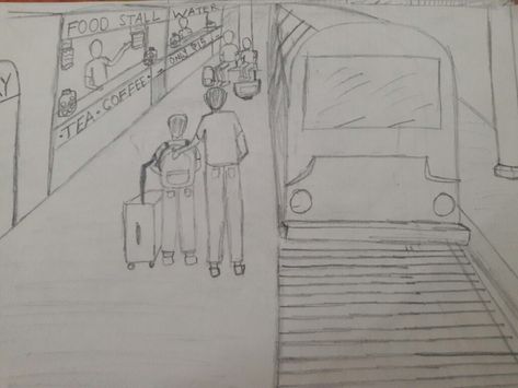 Railway station. Railway Station Drawing Sketch, Railway Station Drawing, Station Drawing, Animal Texture, Scene Drawing, Sketches Simple, Drawings Simple, Drawing Easy, Paper Crafts For Kids