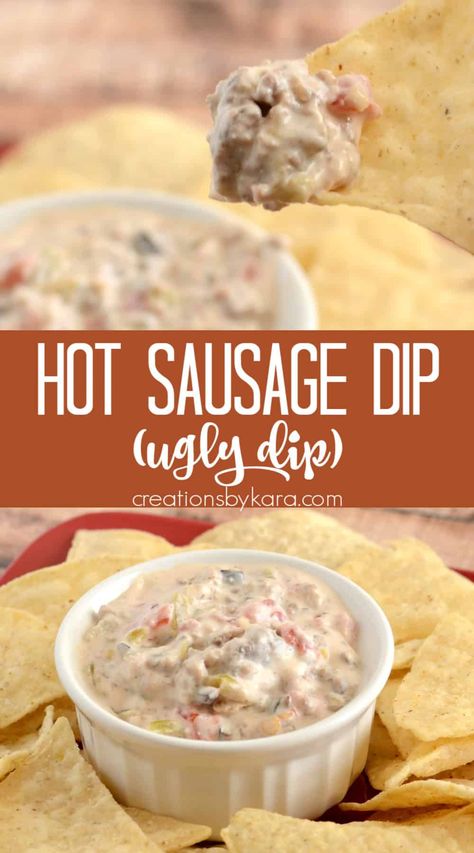 Sausage Dip Crockpot, Ugly Dip Recipe, Hot Sausage Dip, Best Chip Dip, Sausage Dip Recipe, Sausage Dip, Spicy Dip, Hot Sausage, Magic Recipe