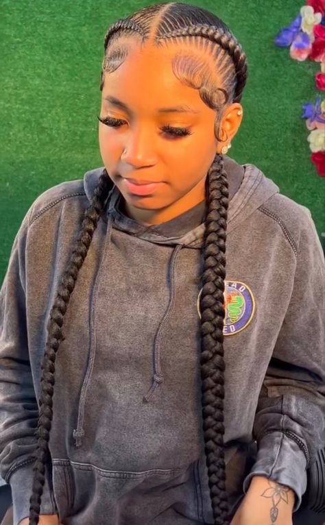 2 Simple Braids, Two Long Cornrows Braids, Two Braids Hairstyle Black Women, 2 Braids Hairstyles, Cornrows Braids For Black Women, Two Braid Hairstyles, Feed In Braids Hairstyles, Braided Styles, French Braids