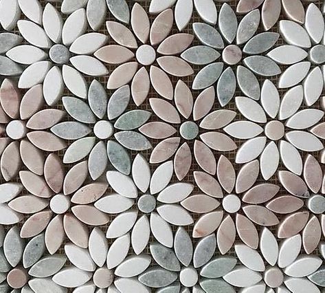 Freya Rosa Ming & Thassos Tumbled Mosaic 290x325x10mm | edgetilestone Flower Tile Backsplash, Marble Sheets, Stone Pool, Project House, Interior Tiles, Luxury Tile, Flower Tile, Stone Cladding, Marble Surface