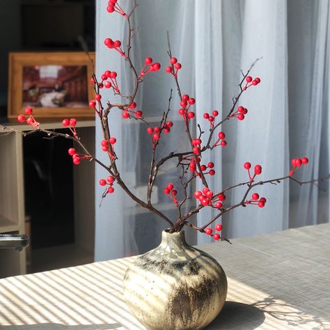 Burgundy Berry Branch Plant For Living Room, Poppy Flower Drawing, Holly Ornament, Chinese New Year Flower, Living Room Arrangement, Asian Plants, Vase With Branches, Berry Branch, Room Arrangement