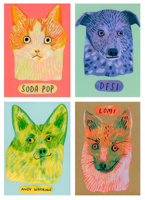 Stylized Pet Portrait, Unique Pet Portraits, Colorful Dog Portraits, Pet Portraits Illustration, Artist Packaging, Pet Pop Art, Dog Portraits Illustration, Pet Portrait Paintings, Dog Portraits Art