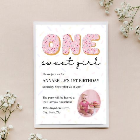 Donut Theme First Birthday Invitations One Sweet Girl First Birthday Party Theme Idea for Baby Girl 1st Birthday Donut Invite Card Digital 1 - Etsy 1st Birthday Donut Theme Girl, First Birthday Girl Sweet One, Donut Theme First Birthday, Girl First Birthday Party Theme, First Birthday Theme Ideas, Theme First Birthday, Baby Birthday Ideas, Birthday Donuts, First Birthday Theme