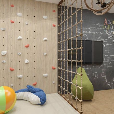 climbing rope- great way to separate space Kids Bedroom Makeover, Climbing Walls, Basement Playroom, Kids Basement, Kids Bedroom Designs, Playroom Design, Climbing Wall, Hus Inspiration, Toy Rooms