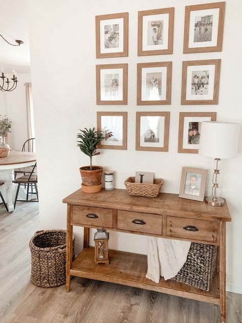 Entry Way Table Decor With Family Photos, Entry Way Table Basket, 2022 Entry Table, Gallery Wall Entry, Home Letters With Shelf Entry Way, Lovingroom With Baskets On Wall, Foyer Interior, Small Entry Tables, Front Entry Tables