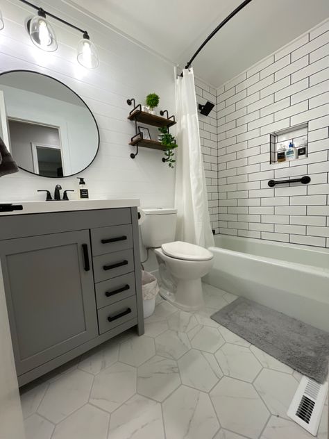 Farmhouse, subway, bathroom, white, gray, hexagon tile Small Bathroom Reno, Small Bathroom Renos, Small White Bathrooms, White Subway Tile Bathroom, Small Full Bathroom, Guest Bathroom Renovation, Farmhouse Gray, Gray And White Bathroom, Cheap Bathroom Remodel