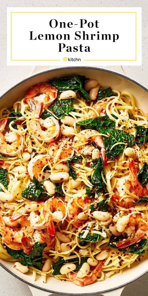 One-Pot Lemon Shrimp Pasta | Kitchn Dinner Recipes One Pot, Recipes One Pot, Creamy White Beans, Lemon Shrimp Pasta, Kale Pasta, Lemon Shrimp, Boat Galley, Linguine Pasta, One Pot Dinners