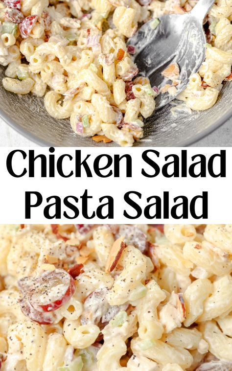 two photos of the chicken salad pasta salad Chicken Noodle Salad Cold, Cold Chicken Pasta Salad Healthy, Creamy Chicken Pasta Salad Cold, Chicken Salad Chick Pasta Salad Recipe, Smoked Chicken Pasta Salad, Chicken Salad Pasta, Pasta Salad Chicken, Summer Pasta Salad Kardea Brown, Creamy Chicken Salad