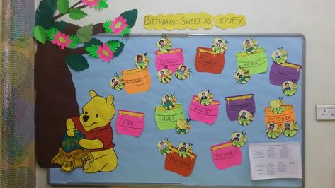 Winnie the pooh birthday Chart Winnie The Pooh Preschool Theme, Winnie The Pooh Birthday Board, Winnie The Pooh Classroom Theme Bulletin Boards, Winnie The Pooh Daycare Room, Winnie The Pooh Bulletin Board, Winnie The Pooh Classroom Theme, Birthday Chart For Preschool, Kindergarten Decoration, Disney Themed Classroom