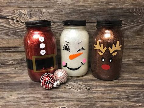 Snowman mason jar, Santa Claus mason jar, Reindeer mason jar, Glitter mason jar, Christmas decor, le Snowman Mason Jar, Holiday Mason Jar, Chirstmas Decor, Glitter Mason Jars, Mason Jar Projects, Painted Bottles, Christmas Mason Jars, Mason Jar Crafts Diy, Christmas Jars