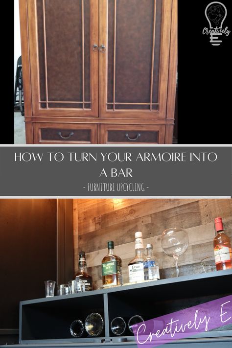 Tv Armoire Repurposed Bar Liquor Cabinet, Armoire Makeover Ideas, Repurpose Armoire, Tv Armoire Repurposed, Booze Cabinet, Diy Wine Bar, Diy Armoire, Diy Bar Cabinet, Armoire Ideas