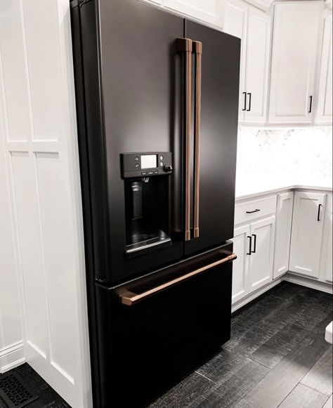 Matte Black Refrigerator, Brushed Copper Hardware, Kitchen Cabinets With Black Appliances, Copper Kitchen Appliances, Black And Copper Kitchen, Ge Cafe Appliances, Cafe Appliances, Black Fridges, Black Refrigerator