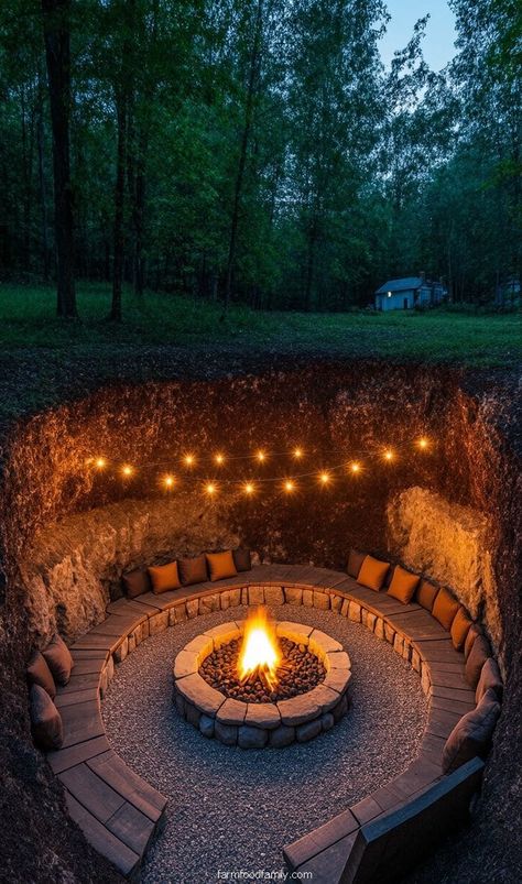 Transform your backyard with this magical forest fire pit design. Surrounded by stone seating, cozy cushions, and twinkling string lights, it's the perfect spot for memorable outdoor evenings. Cozy Fire Pit Area, Stone Seating, In Ground Fire Pit, Twinkling String Lights, Cozy Cushions, Outdoor Evening, Twinkle String Lights, Fire Pit Ideas, Fire Pit Area