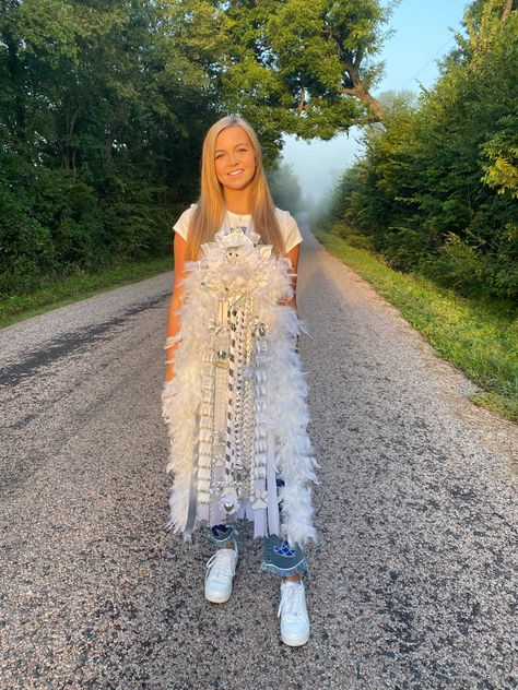 Pink And White Mums Hoco, All White Senior Mum, Senior Year Mums Texas, Senior Mums Homecoming White And Light Purple, Senior Mums Homecoming White, Senior Hoco Mums, Senior Mums, Texas Senior Mum, Big Homecoming Mums