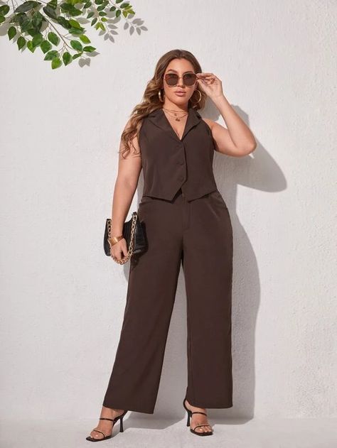 SHEIN Plus Vest Blazer & Wide Leg Pants Suit Set | SHEIN USA Plus Size Waistcoat Outfits, Women Groomsmen Outfits, Plus Size Wedding Guest Outfit Pants, Business Attire Women Plus Size, Pope Outfit, Plus Size Suits For Women, Waistcoat Outfits, Plus Size Graduation, Blazer Wide Leg Pants