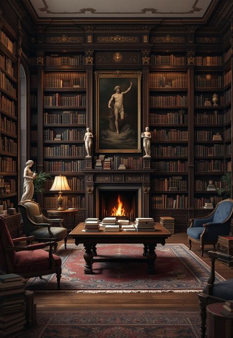 Dark Academia Decor Dark Academy Library, Dark Academia Library Room, Dark Academia Aesthetic Living Room, Dark Academia Home Library, Dark Academia Study Room, Dark Wood Bookshelves, Moody Home Library, Dark Library Aesthetic, Dark Academia Interior Design