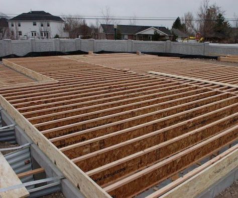 Framing A Floor Using "I" JoistsThis article teaches you how to build a floor for a house on a concrete foundation. This framing system can also be used for framing storage shed floors.This floor framing system is typical over basements and crawl spaces. Joist spans and spacing are determined by engineering that is published by the manufacturer.Every floor joist manufacturer has product literature and telephone support with engineered span and spacing tables specifying typical joist... Concrete Foundation, Shed Floor, Framing Construction, Build A Playhouse, Home Building Tips, House Foundation, Build Your Own House, Up House, Floor Framing