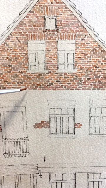 Brick House Watercolor Painting, Brick Wall Watercolor, Brick House Illustration, Watercolor Brick House, Watercolor And Pen Art Illustrations, Brick House Drawing, Bricks Watercolor, Brick House Painting, Brick Watercolor