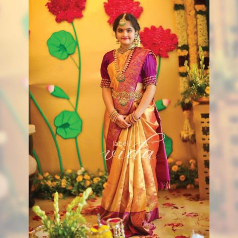 Label Vida on Instagram: “Our little client looks gorgeous in this Kanjeevaram sari with shades of burnt orange and deep purple, curated by us! What a pretty sight 😍…” Saree Function For Kids, Shades Of Burnt Orange, Saree Function, Half Saree Function, Lehenga Saree Design, Half Saree Lehenga, Kids Wear Girls, Saree Floral, Kids Blouse Designs