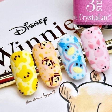 Winnie Pooh Nails Art Designs, Piglet Nails Winnie The Pooh, Winnie The Pooh Gel Nails, Eeyore Nail Designs, Up Disney Nails, Whinney Pooh Nails, Disney Nails Winnie The Pooh, Character Nail Art Disney, Wreck It Ralph Nails