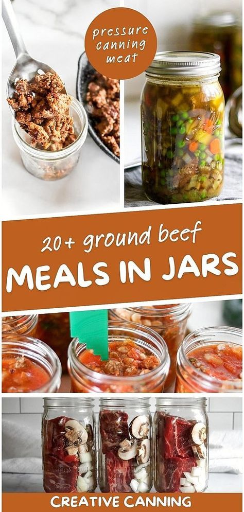 20+ Ground Beef Meals in Jars offers a variety of pressure canning meat recipes, perfect for transforming ground beef into shelf-stable, delightful meals like sloppy joes and taco soup. These recipes are a must-try for practical and delicious food storage solutions. Find more pressure canning soup recipes, tips for beginners, and canning food preservation ideas at creativecanning.com. Dinner Canning Recipes, Soups And Stews For Canning, Canning Sloppy Joes, Canning Beef Barley Soup, How To Can Meat Pressure Canning, Canning Burrito In A Jar, Oven Canning Recipes, Canning Pork Chops, Canning Hamburger Meat