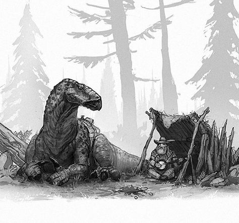 So, Just let me know if you guys are getting sick of seeing these. I have a lot more I'm working on but I won't be posting every single one. Gotta keep surprises for my book! #oldwestdinosaurs #dinosaur #illustration #conceptart #iguanodon #mountainman #frontier #art #drawing #draw #reptiles #camping #banjo #creaturedesign #instaart #artistsoninstagram #dinosaurs #oldwest Iguanodon Art, Dino Riders, Dinosaur Drawing, Dinosaur Illustration, Ark Survival Evolved, Extinct Animals, The Wild West, Jurassic Park World, Dinosaur Art