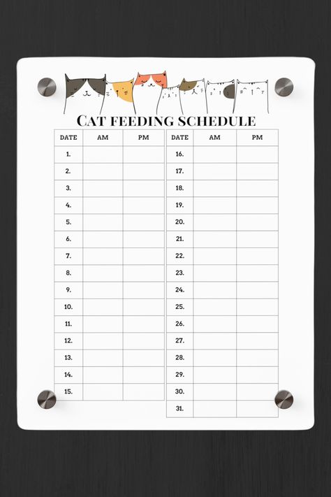 Optimize your cat's nourishment with our reusable acrylic feeding chart. Plan meals, track feeding schedule, and ensure balanced nutrition for your feline friend. Simplify mealtime routines with style and convenience. Get your acrylic cat feeding chart today! Cat Feeding Schedule Printable, Feed The Cat Printable, Cat Meal Plan, Cat Routine Schedule, Cat Feeding Chart, Cat Schedule, Cat Feeding Schedule, Cleaning Chart, Food Tracking