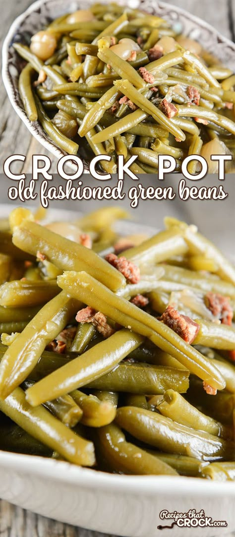 Crock Pot Old Fashioned Green Beans: Are you wondering how to cook fresh green beans in the crock pot? Our favorite slow cooker green bean recipe has that delicious old fashioned flavor of bacon and onions. Garden Green Beans In Crockpot, Easy Crockpot Green Beans, Old Fashioned Green Beans, Slow Cooker Green Bean Recipes, Beans In The Crock Pot, Crock Pot Green Beans, Crockpot Vegetable, Crockpot Green Beans, Slow Cooker Green Beans