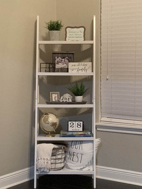 farmhouse 5 tier Shelf/shelf from kohl’s/decor from hobby lobby Shelving Ideas Bedroom Small Rooms, Living Room Bookshelf Decor Ideas, Farmhouse Hobby Lobby Decorating Ideas, Ladder Shelf Decorating Ideas, What To Put On A Ladder Shelf, 5 Tier Ladder Shelf Decor, Hobby Lobby House Decor Ideas, 3 Tier Shelf Decor Living Rooms, 5 Shelf Decor Ideas