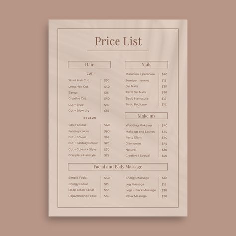 Price List Design, Esthetician Marketing, Spa Prices, Beauty Salon Logo, Price List Template, Beauty Salon Design, Documents Design, Leg Massage, Minimalist Beauty