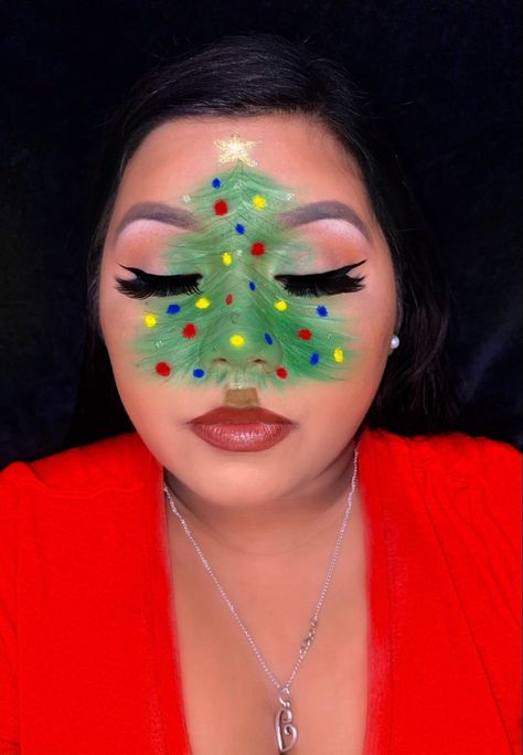 Follow me on IG @kg_beautyy for more looks Christmas Tree Makeup, Tree Makeup, Makeup Drawing, Creative Makeup, Makeup Nails, Face Paint, Carnival Face Paint, Makeup Looks, Carnival