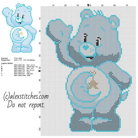 Original Care Bears, Bedtime Bear, Free Cross Stitch Pattern, Free Cross Stitch Patterns, Stitch Character, Cross Stitch For Kids, Plastic Canvas Patterns Free, Stitch Cartoon, Disney Cross Stitch