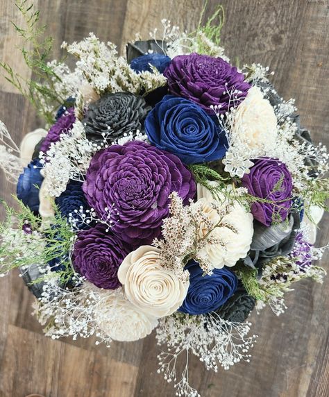 Purple And Blue Flower Bouquet, Purple And Navy Blue Bouquet, Purple Blue Wedding Bouquets, Blue And Purple Bouquet, Wedding Bouquets Purple And Blue, Blue Purple White Wedding Bouquet, Navy Blue And Purple, Blue And Purple Wedding, September Wedding Colors