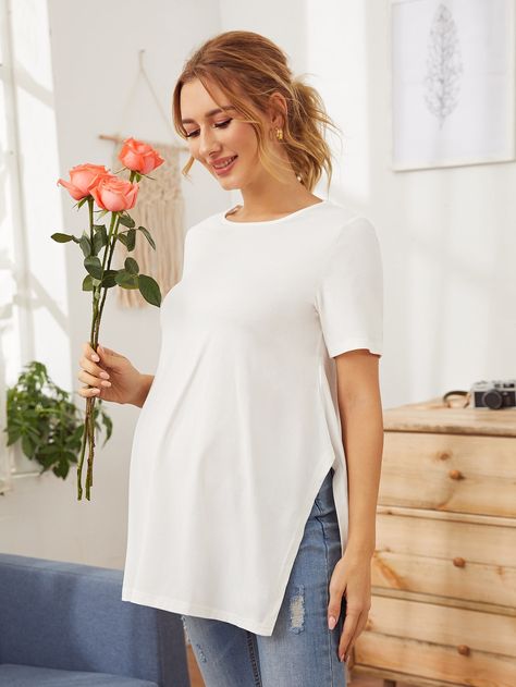 White Casual Collar Short Sleeve Polyester Plain  Embellished Slight Stretch Summer Maternity Maternity Fits, Casual Maternity Outfits, Pregnancy Hacks, Shein Maternity, Summer Maternity, Oversized Grey Sweater, Preggo Fashion, Clothes For Pregnant Women, Maternity Chic