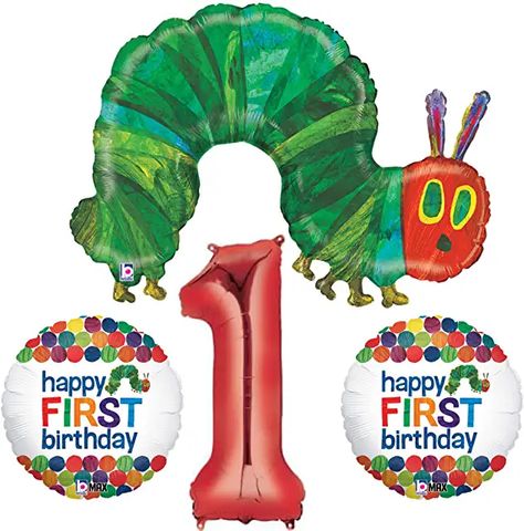 Very Hungry Caterpillar 1st Birthday, Caterpillar Party, Happy Birthday Foil Balloons, Hungry Caterpillar Party, Hungry Caterpillar Birthday, 1st Birthday Party Decorations, Birthday Bouquet, Construction Birthday Parties, The Very Hungry Caterpillar