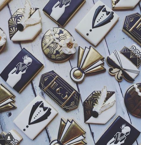 Gatsby Cookies, New Years Cookies, Royal Icing Sugar, Bridal Shower Planning, Great Gatsby Party, 80th Birthday Party, Gatsby Party, Gatsby Wedding, Fancy Cookies