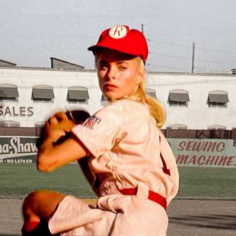 Rockford Peaches pitcher Ellen Sue Gotlander (Freddie Simpson) prepares to deliver a pitch, A League of Their Own (1992) A League Of Their Own 1992, Baseball Movies, Rockford Peaches, No Crying In Baseball, Film Journal, A League Of Their Own, League Of Their Own, Geena Davis, Art Faces