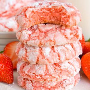 Strawberry Crinkle Cookies - Wishes and Dishes Strawberry Crinkle Cookies, Strawberry Cookie Recipe, Wishes And Dishes, Strawberry Cake Mix, Strawberry Cookies, Cookie Dough Balls, Crinkle Cookies, Valentines Food, Silicone Baking Mat