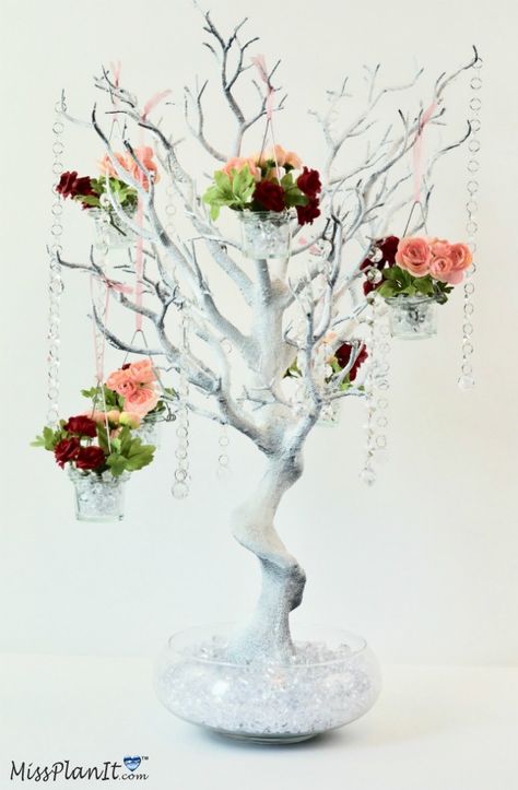 Easy to Make DIY Tall Glam Tree Wedding Centerpieces Diy Tree Table Centerpiece, Little Tree Centerpieces, Diy Wedding Tree Centerpieces, Diy Tree Centerpiece How To Make, Flower Tree Centerpieces Wedding, Wedding Tree Centerpieces, Tree Centerpieces Wedding, Crystal Tree Centerpieces, Hanging Votive Candle Holders