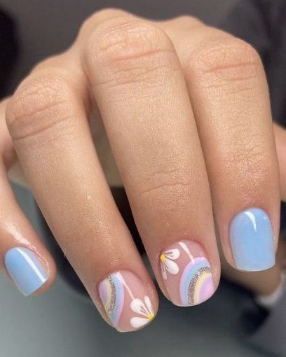 easter nail design: light blue short nails with rainbows and flowers Easter Manicure Short Nails, Spring Nails Gel Manicure, Easter Nail Ideas Short, Easter Nail Polish Ideas, April Nail Designs Spring, Easter Gel Manicure, Spring Nail Art Blue, Easter Toenails, Easter 2024 Nails