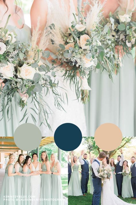 This summer wedding came together perfectly! The bridal party was fitted in sage green bridesmaid dresses in mismatching styles from Kennedy Blue and looked stunning! The navy blue suits and eucalyptus boho bouquets were the perfect pieces to bring the wedding color palette to life! #bridalpartyinspiration #weddingcolorpalette #greenbridesmaiddresses #sagebridesmaids #weddinginspiration #navyandsage Wedding Flowers For Sage Green Theme, Summer Wedding Colors Sage Green, Sage And Navy Wedding Party, Eucalyptus Wedding Color Palette, Bridal Party Colors Summer, Navy Eucalyptus Wedding, Navy Sage Green Wedding, Summer Colour Palette Wedding, Summer 2023 Wedding Colors