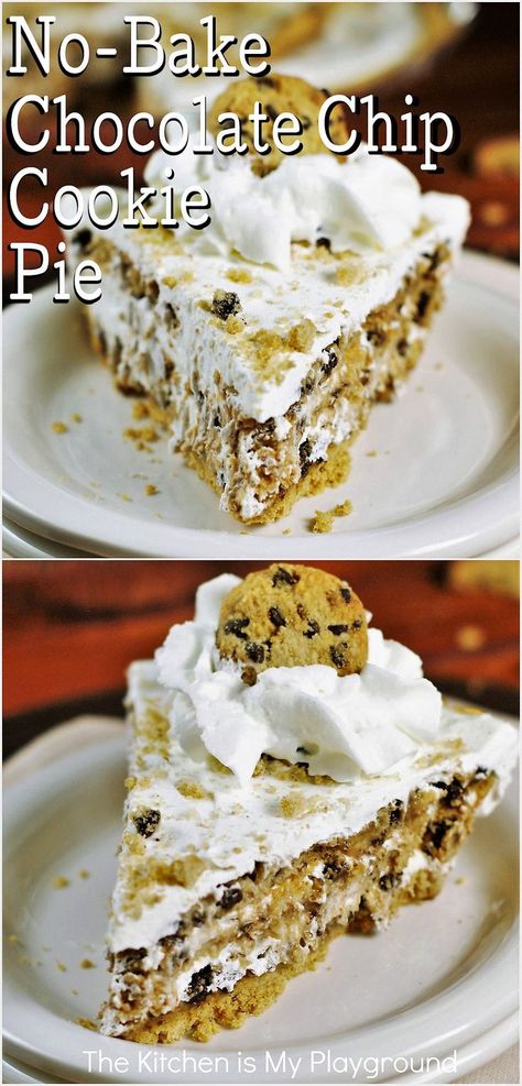 Slice of Easy No-Bake Chocolate Chip Cookie Pie Desserts Aesthetic, Chocolate Chip Cookie Pie, Desserts With Chocolate Chips, Chocolate Chip Pie, Cookie Deserts, Chilled Desserts, Chips Ahoy, Easy Pie Recipes, Cold Desserts