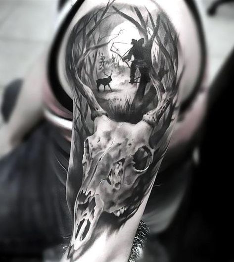 Bow Hunting Tattoos, Manly Design, Deer Hunting Tattoos, Tattoos Arm Mann, Deer Skull Tattoos, Deer Tattoo Designs, Tattoo Homme, Hirsch Tattoo, Hunter Tattoo